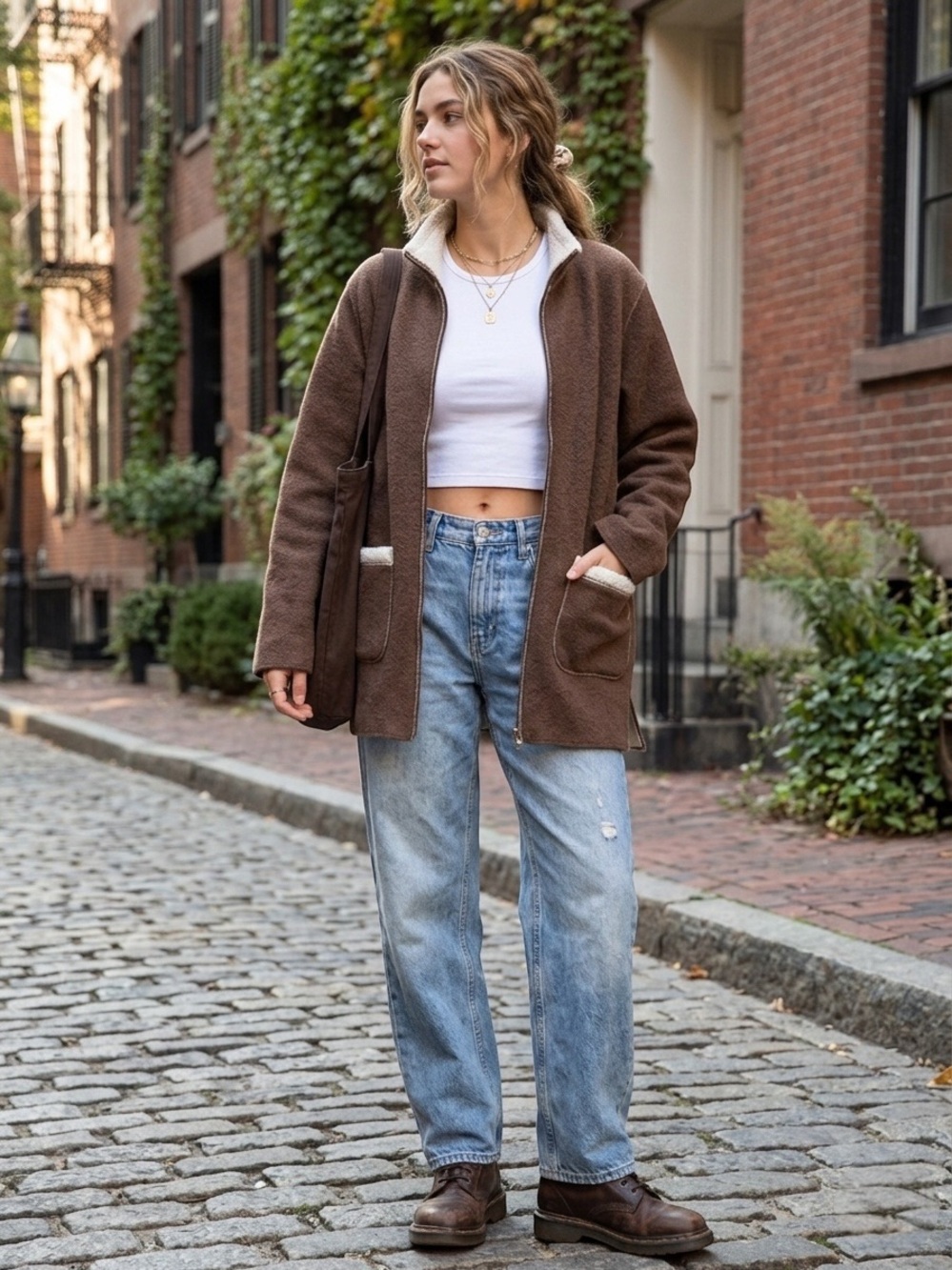 Denim & Co Brown Zip-Front Jacket with Cream Sherpa Trim & Lining